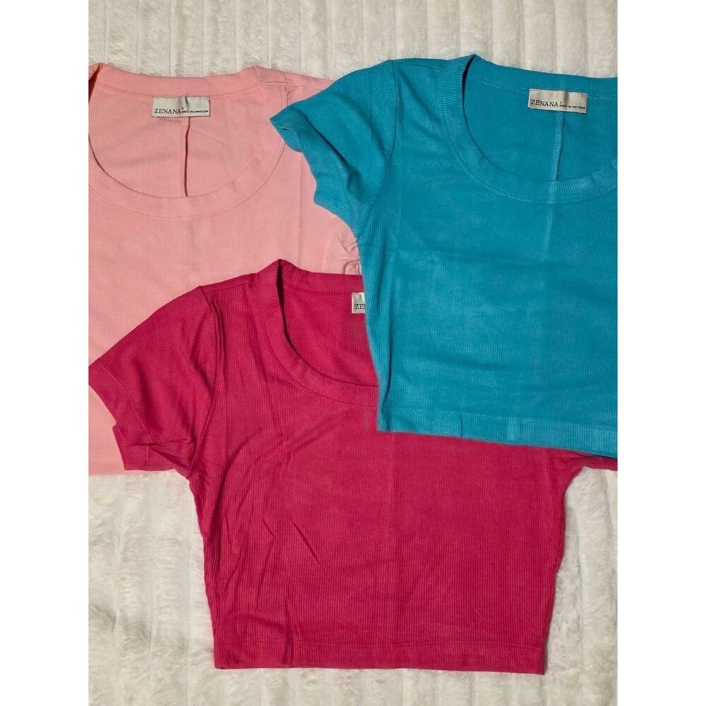 Zenana  Ribbed Crop Top Trio – Pink, Hot Pink, Teal